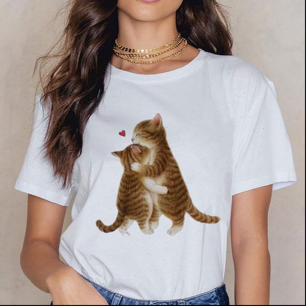 

2021 new women harajuku kawaii cat print ropa mujer t shirts tees cute animal graphic female t shirts casual streetwear, White