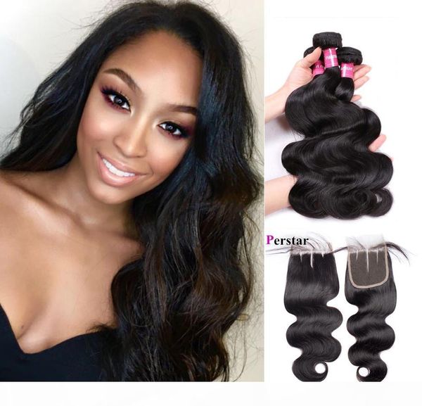 

perstar brazilian virgin human hair body wave bundles with closure double weft remy human hair 3 bundles with lace closure, Black