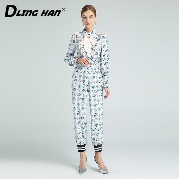 

women's two piece pants dlinghabn fashion flower print set women'sÂ long sleeve bow ruffles blouses + lace up ankle-length two-pie, White