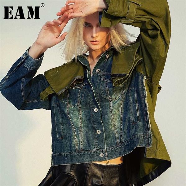 

[eam] loose fit spliced hit color short denim jacket lapel long sleeve women coat fashion spring autumn 1b093 211014, Black;brown