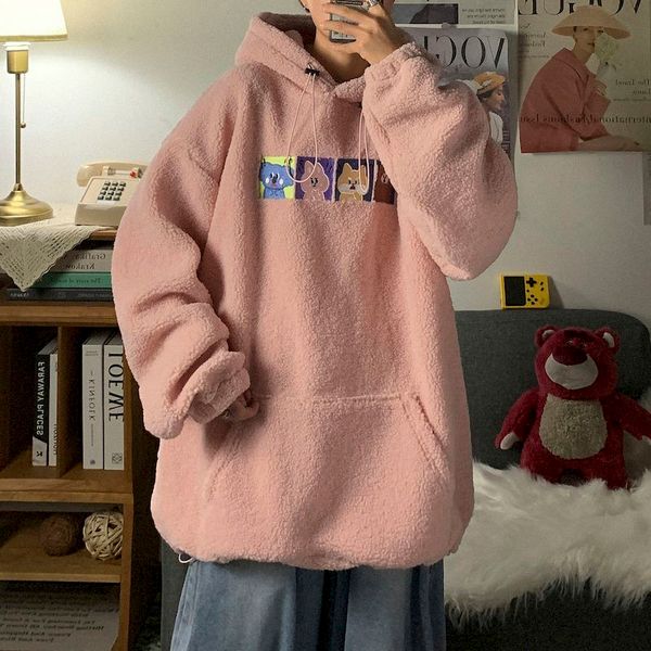 

2021 autumn and winter furry graphic hoodies women veet thi lamb wool coat student korean style loose kawaii oversized, Black