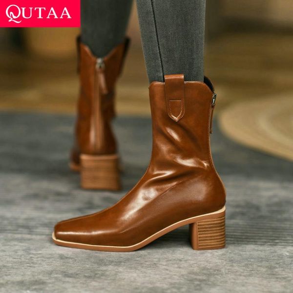 

boots qutaa 2022 platform round toe casual ankle square med heel short zipper women shoes size 34-40, Black