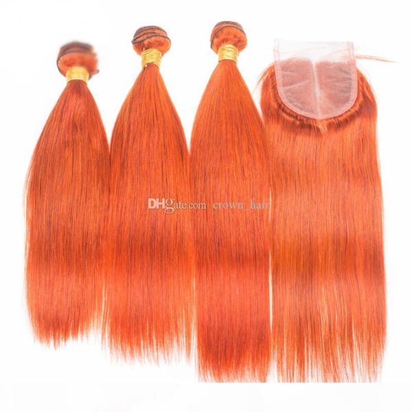 

straight #orange pure color hair 3bundles with lace closure 4 pcs lot brazilian colored orange hair lace closure with hair weaves, Black