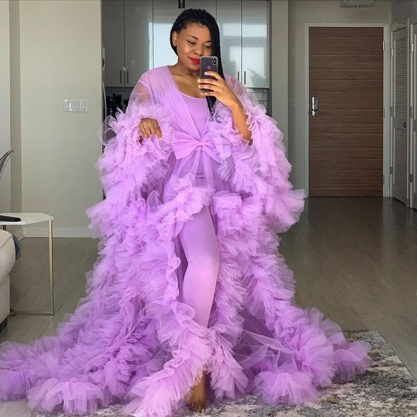 

purple sleepwear long tulle maternity robes sheer ruffled pleated dresses women p shoot custom made plus size nightdress, White