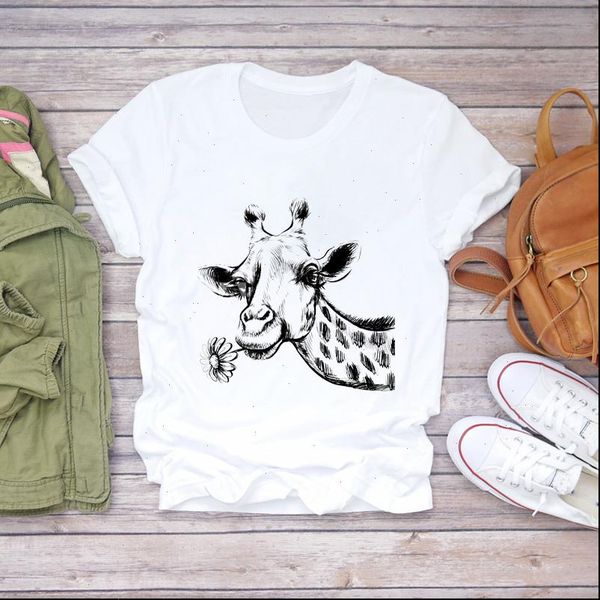 

women cartoon giraffe flower love valentine fashion 90s print lady t shirts womens graphic t shirt ladies female tee t shirt, White