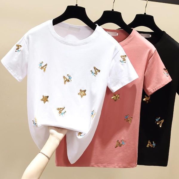 

summer pink t shirt women harajuku loose casual plus size tshirt short sleeve embroidery tee femme women's t-shirt, White