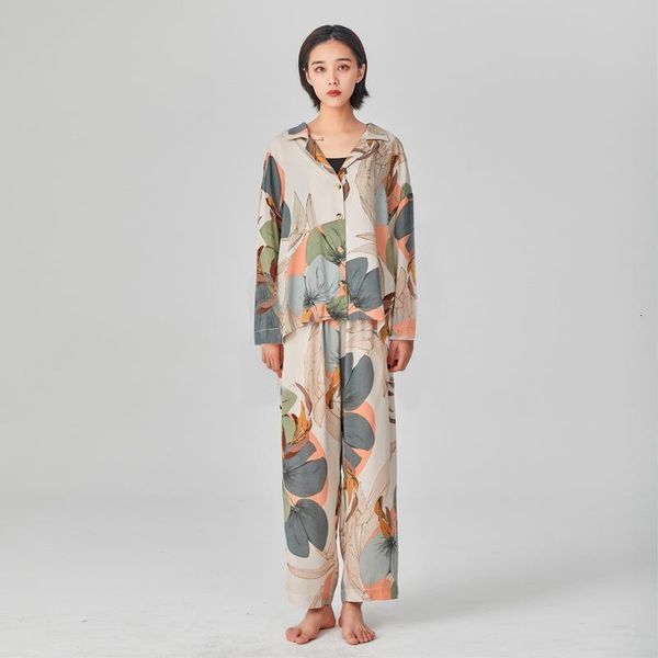 

2020 pajamas leaf printing home clothes long-sleeved trousers autumn two-piece women's suit female pajama set, Black;red