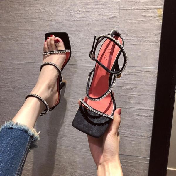 

sandals ladies three crystal band high heels women open square toe thin heeled party shoes glitter diamond sandalias mujer, Black