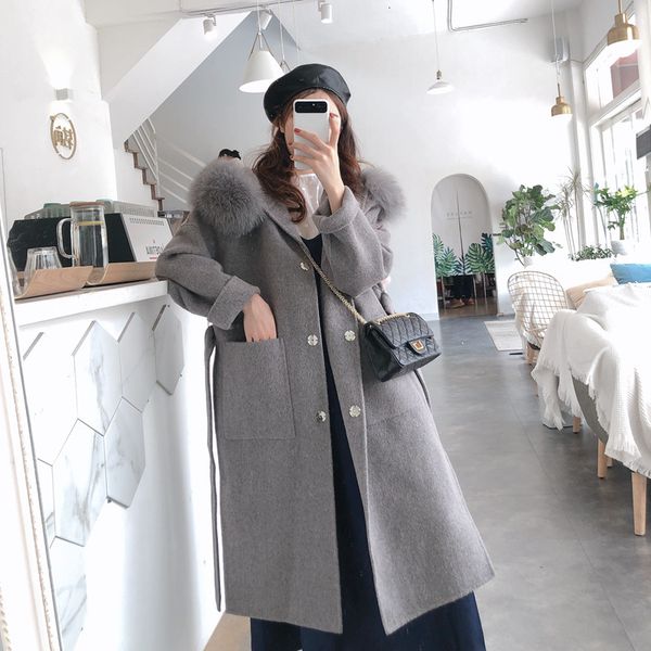 

women's jackets famous brand korean loose winter wool long female jacket unique natural breasted real fur collar, Black;brown