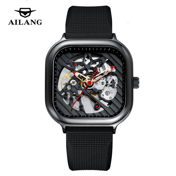 

rust-men's watch automatic mechanical steel square hollow waterproof sport fire real ailang 8635, Slivery;brown