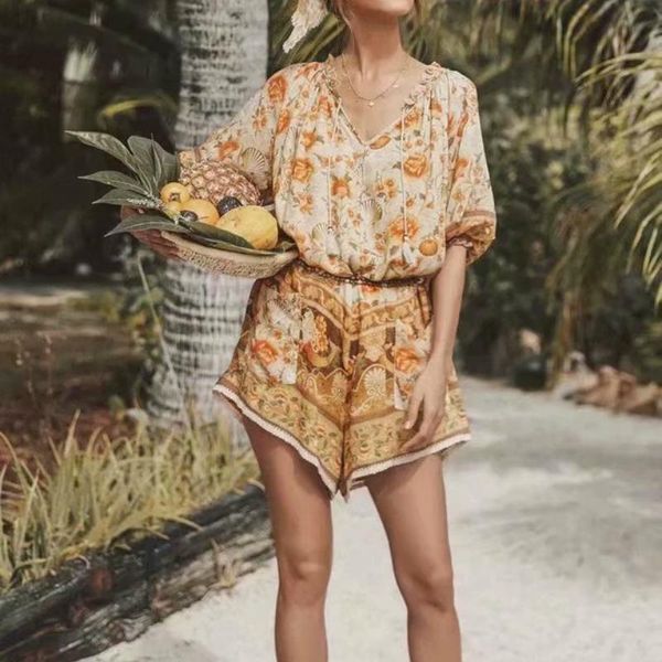 

happie queens women floral print sashes boho playsuits ladies v neck long sleeve tassel rayon beach jumpsuits bodysuit, Black;white