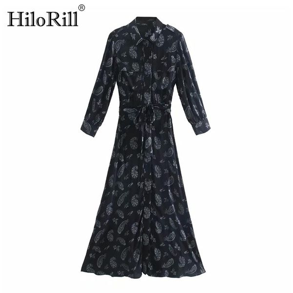 

hilorill vintage printed long shirt dress women a line turn down collar office dresses 2021 long sleeve casual female maxi dress, Black;gray