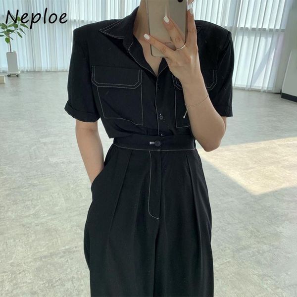 

women's two piece pants neploe work style 2 pcs women set turn down collar short sleeve single breast shirt + high waist hip straight p, White