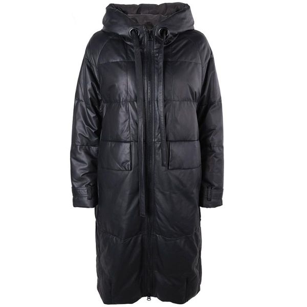 

women's leather & faux yoloagain 2021 winter autumn warm women hooded long coat real jacket for ladies, Black