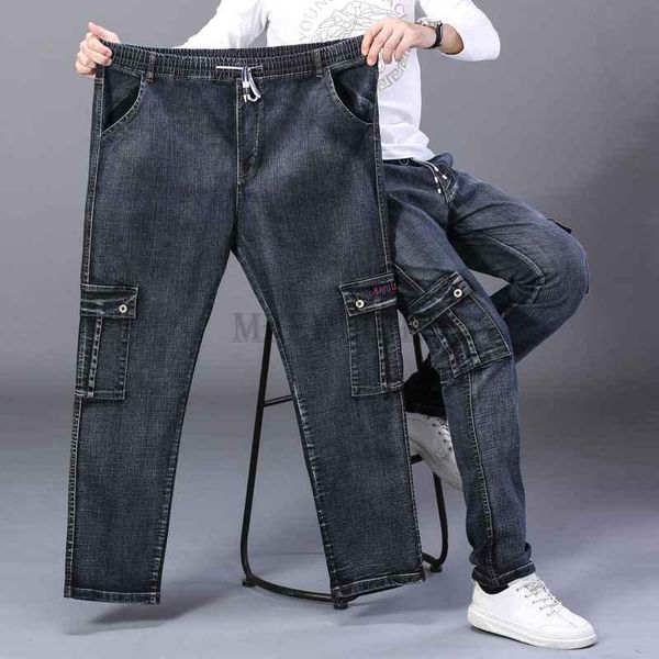 

men's jeans men casual large size 46 48 pockets loose elasticity stretch denim pants high waist straight black, Blue