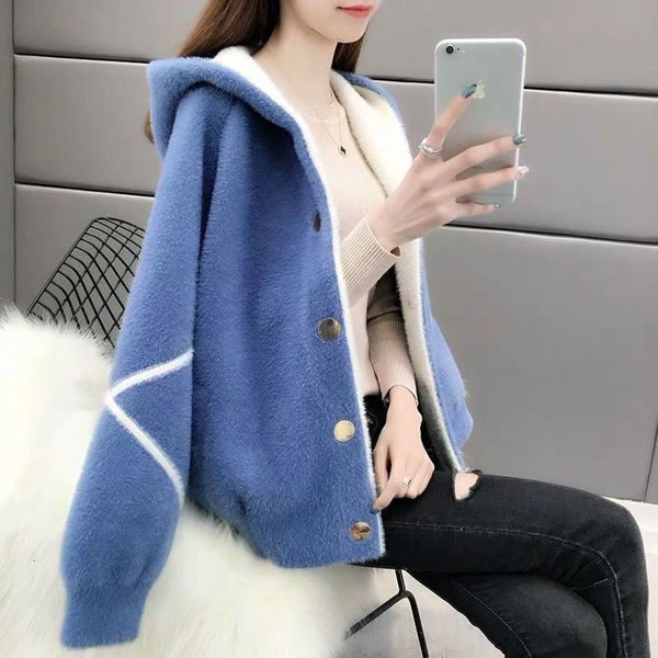 

women's fur & faux women's jacket with student cap released fall and winter velvet water crocheted coarse cardigan egk5, Black