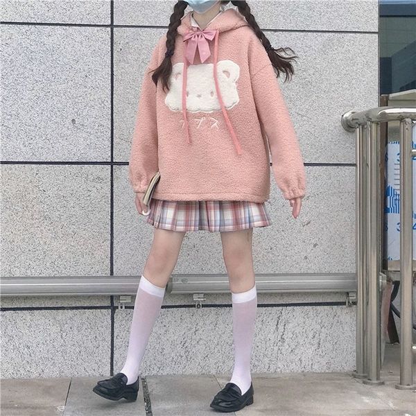 

2021 deeptown kawaii feminino inverno moda camisola de manga longa bonito mais veludo solto casual oversize hoodies kejl, Black