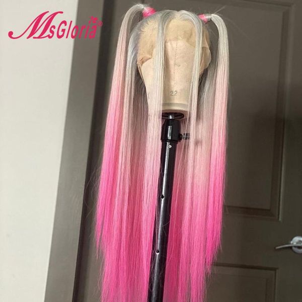 

lace wigs straight brazilian hair grey pink ombre transparent front human preplucked baby hairline for women highlight wig, Black;brown