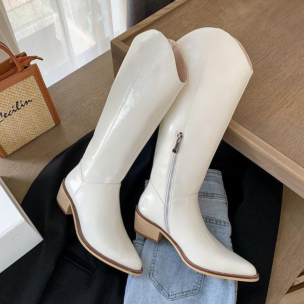 

boots zipper knee high genuine leather pointed toe shoes woman heels autumn winter office lady women's, Black