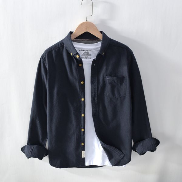 

2021 autumn new gray men's shirts 100% cotton single breast pockets plus size clothing o5d3, White
