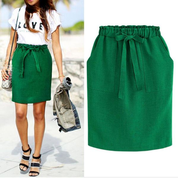 

skirts summer autumn elegant midi womens office pencil skirt cotton elastic waist package hip bow green, Black
