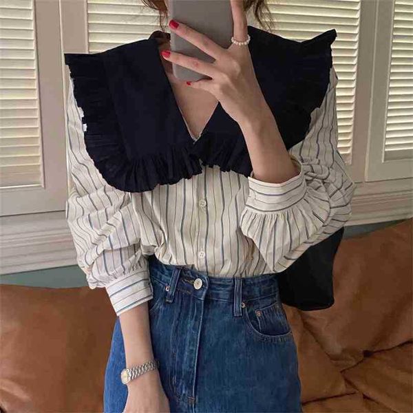 

elegance fashion retro office lady striped long sleeves sweet girls shirts femme casual clothe 210525, White