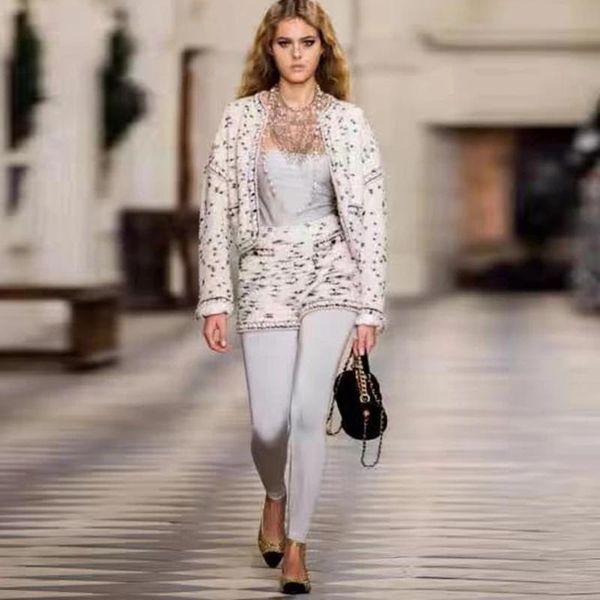 

women's tracksuits women tweed shorts sets runway designer loose white sweater cardigan and short pant suits knitted two piece set 2021, Gray