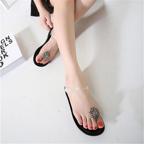 

simple fashion ladies vacation beach flat sandals 2021 rhinestone crystal transparent jelly flat with women's shoes casual style, Black