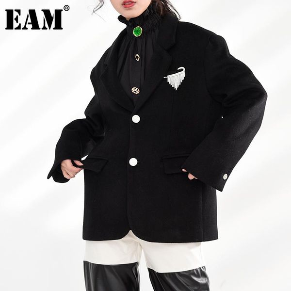 

women's suits & blazers [eam] women rhinestones big size woolen blazer lapel long sleeve loose fit jacket fashion autumn winter 2021 1d, White;black