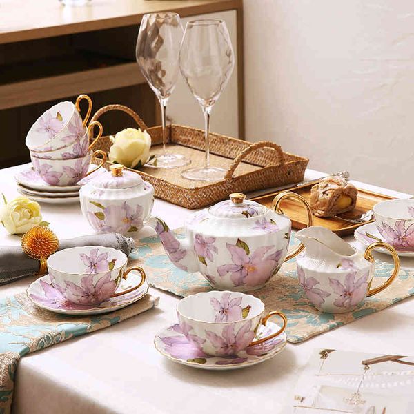 Café nobre Criativo estilo europeu flor luxo Golden Handle Cup e Pires Tazas Osso China Chá Set EF50BD