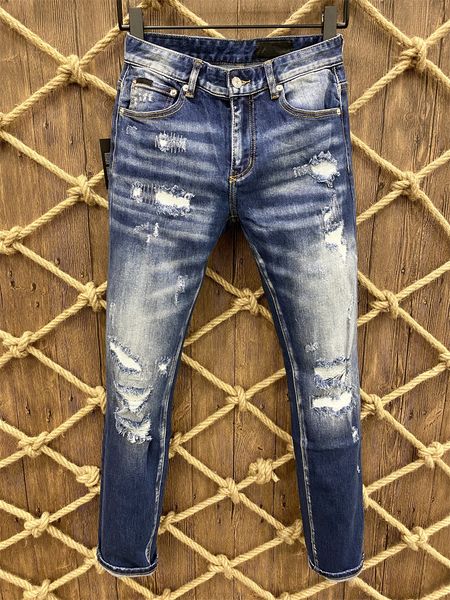 

designer men's jeans european and american high street fashion blue retro old thigh knife cut hole slim male