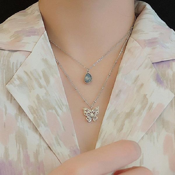 

chains gold plated double-layer butterfly women's net red light luxury simple style diamond inlaid neck chain pendant sweet necklac, Silver
