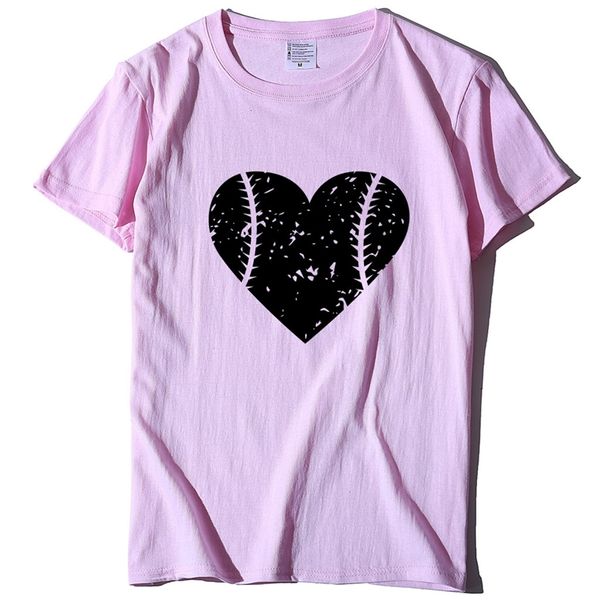Saf Pamuk Kadın Aşk Beyzbol Desen Baskı T-Shirt Casual Stil Yeni T-shirt Kadın Üst Bir 210315