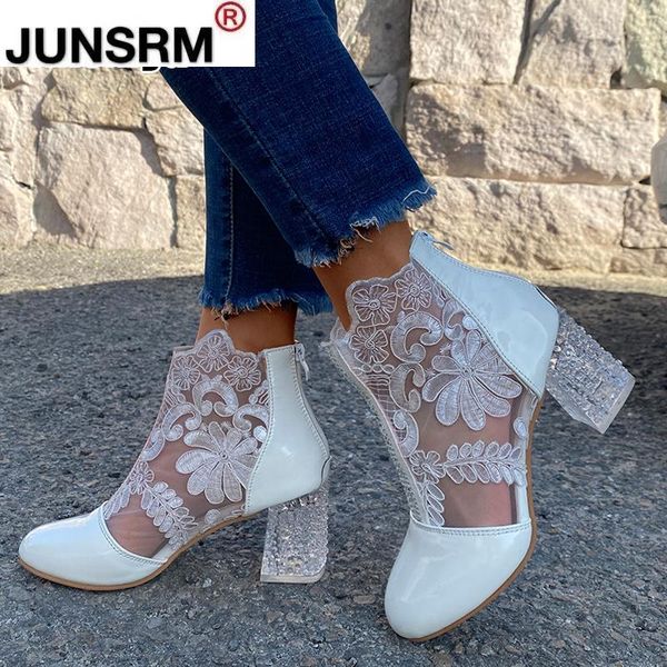 

new woman mesh black ankle boots for women summer square heels boots sandal ladies round toe lace