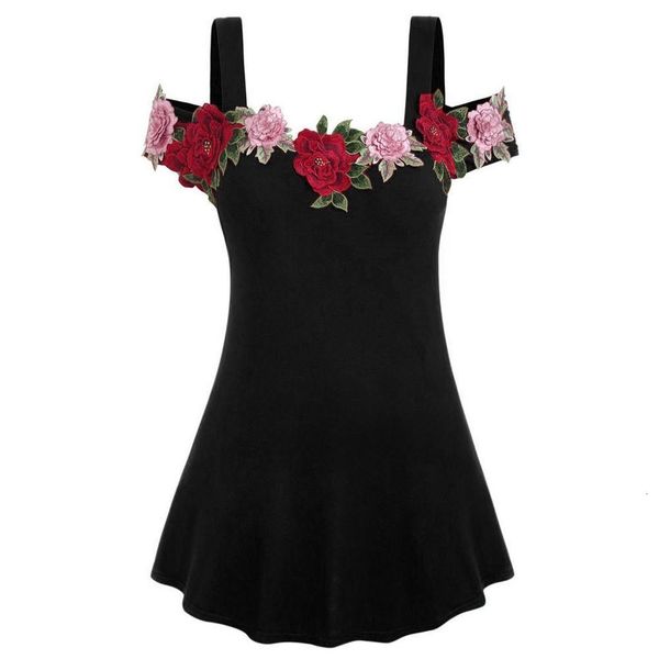 

new fashion womens plus size embroidered cold shoulder sleeveless t-shirt summer black slim pullover for ladies, White
