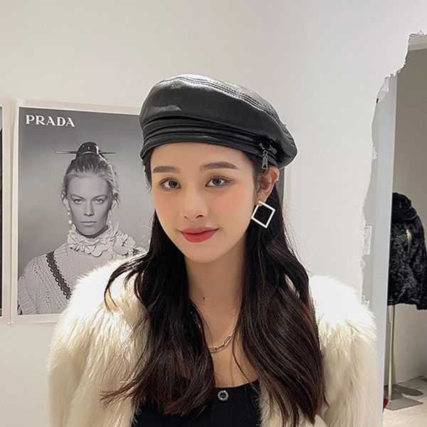 

berets fashion korean style women black genuine leather beret hat for spring autumn flat cap gorras female retro beanie, Blue;gray