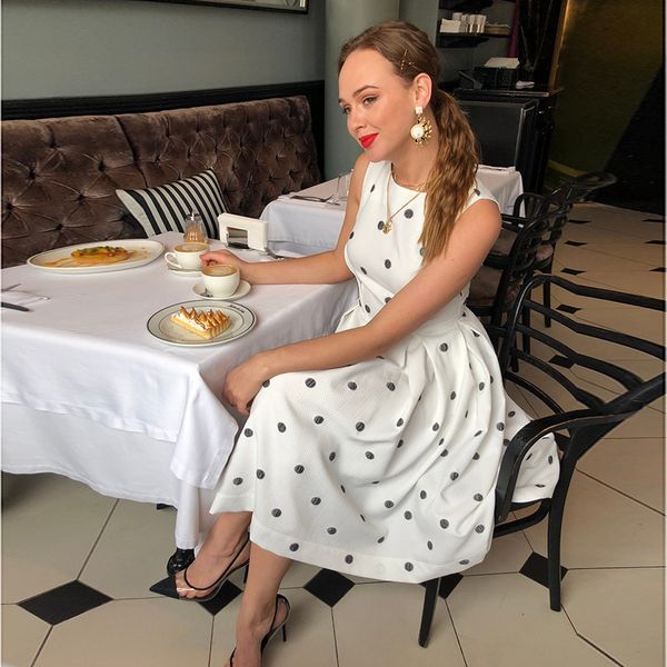 

2021 vintage dot printed a-line party sleeveless o neck elegant casual mid summer new fashion women 18s9, Black;gray