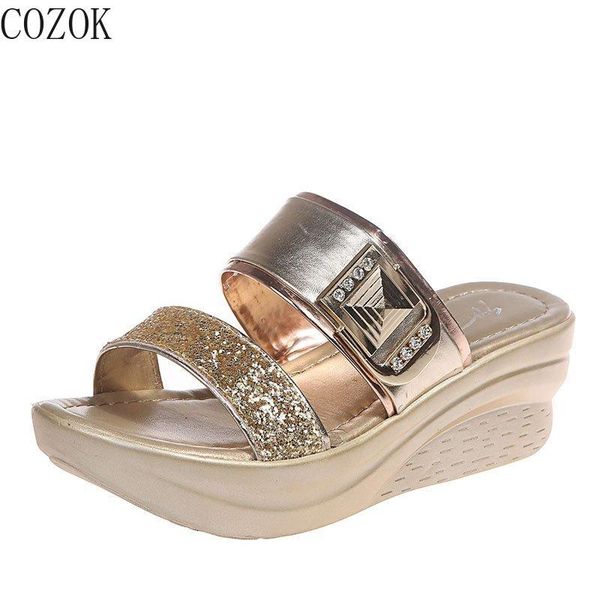 

casual women's slippers fashion all-match mature shoe upper metal decoration trend outer wear wedge heel women's slippers, Black