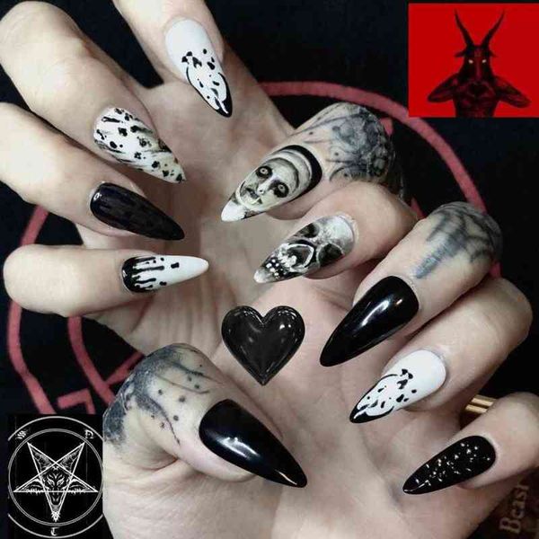 

false nails 24pcs/box long stiletto false nails halloween dark black punk ghost head fake fashion full cover nail tips press on 220225, Red;gold