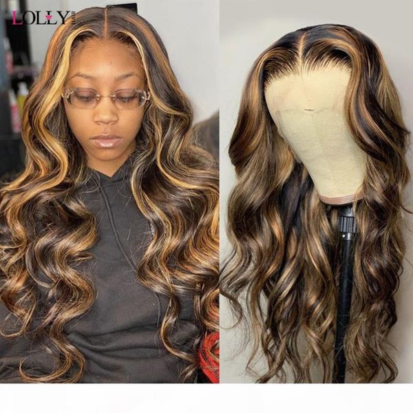 

honey blonde highlight ombre body wave wig brazilian lace front human hair wigs for black women p4 27 colored human hair wigs, Black;brown