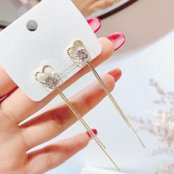 

stud 2021 earings aros and south korea fine heart-shaped upscale tassel long zircon earrings, 925 needle allergy adorn article 88590, Golden;silver