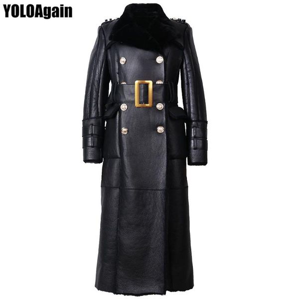 

women's leather & faux yoloagain women double breasted long lamb fur suede shearling jacket genuine coat, Black