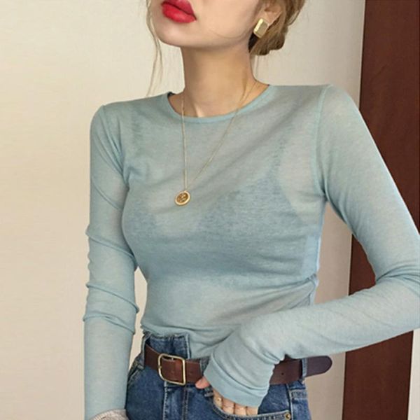 

women's t-shirt slim plain t shirt women spring summer club party see-through transparent long sleeve tee female, White