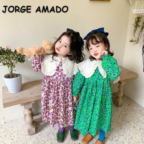 Coreano Estilo Primavera Meninas Vestido Lace Peter Pan Collar Roxo Verde Floral Princesa Vestidos Crianças Roupas E643 210610