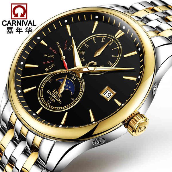 

men switzerland carnaval moon phase watches brand luxury watertight automatic mechanical full steel mounted homme, Slivery;brown