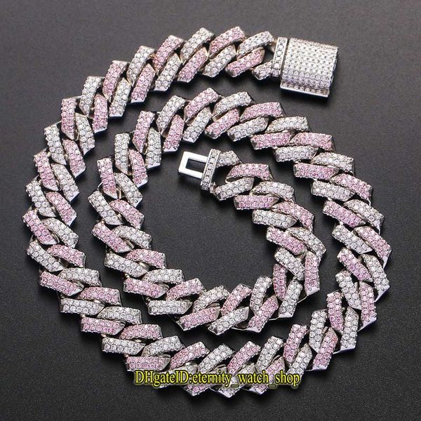 Eternity Europäische und amerikanische Herren-Hip-Hop-Bar-Halskette, kubanische Halskette, rosa und weiße Farbe, Micro-Set-Diamant, 14 mm, trendige Iced-Out-Diamant-Halskette