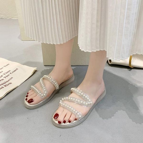 

slippers fashion good quality flats pearl sandals slides summer women shoes, Black