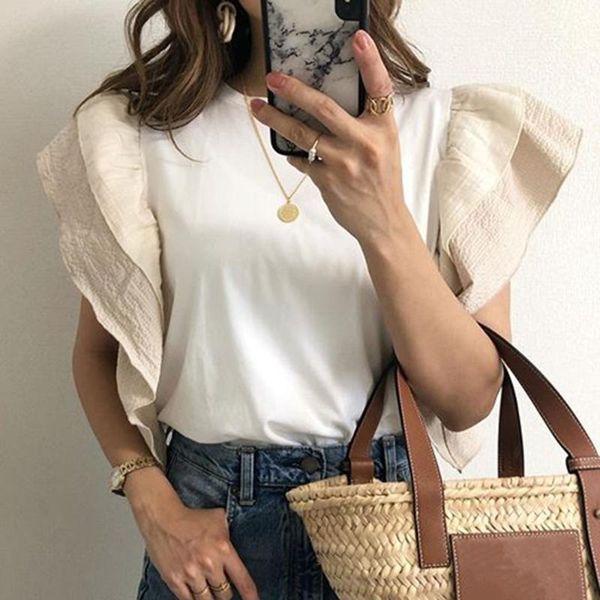 

korean fashion woman tshirts short sleeve patchwork t-shirts ruffle decro 2021 spring summer causal tee ladies daily wear, White