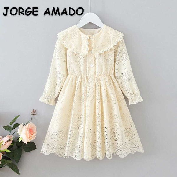 Vestidos de primavera para niñas, Color Beige sólido, manga larga, encaje, cuello Peter Pan, estilo de señora, ropa de princesa para niños E501 210610