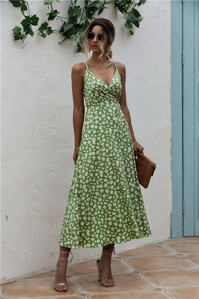 

casual dresses 2021 summer elegant floral print women dress suspenders v-neck midi backless cross beach sundresses holiday vintage, Black;gray